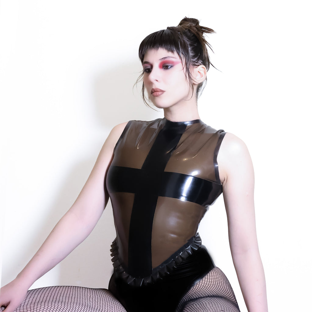 Latex cross bodysuit with ruffles