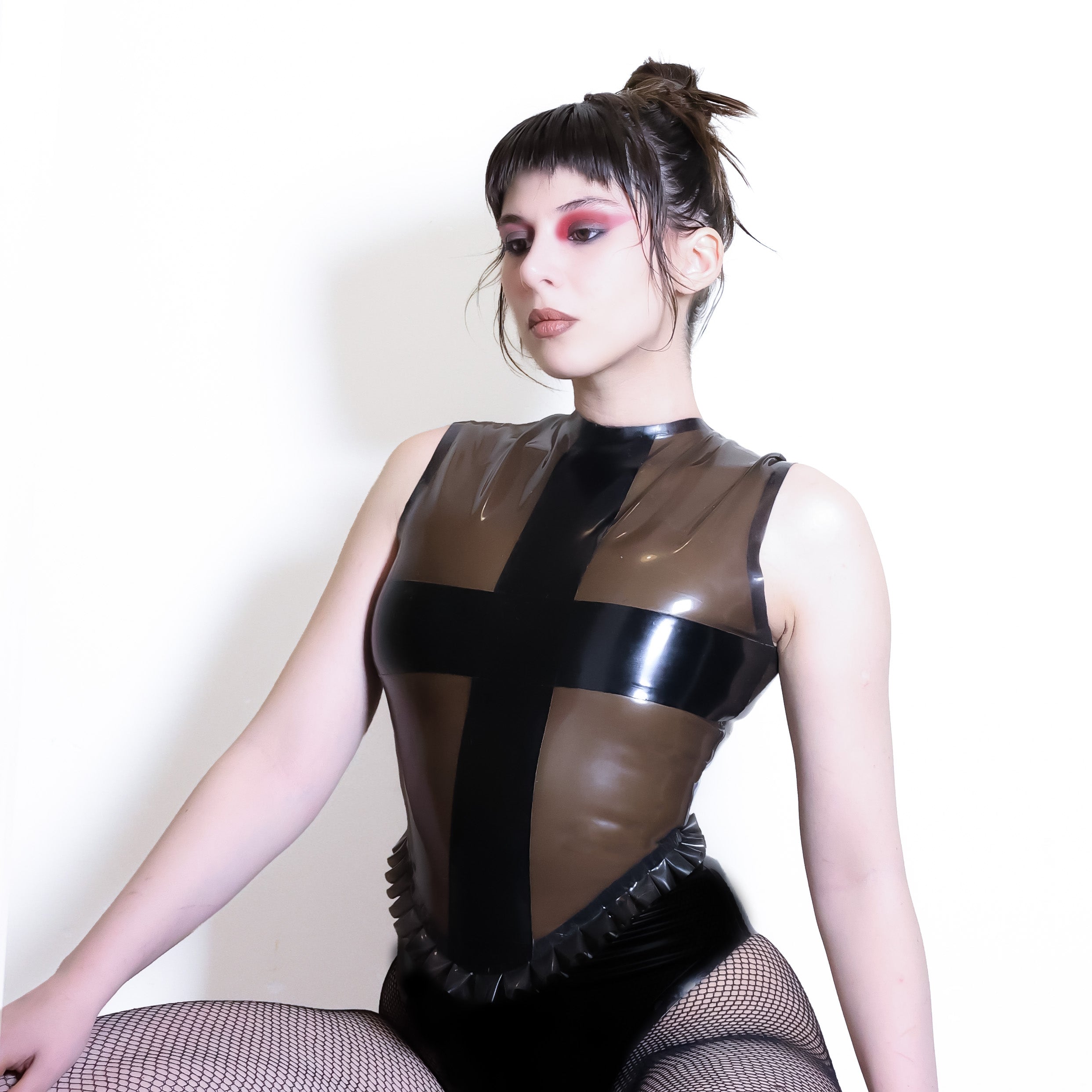 Latex cross bodysuit with ruffles