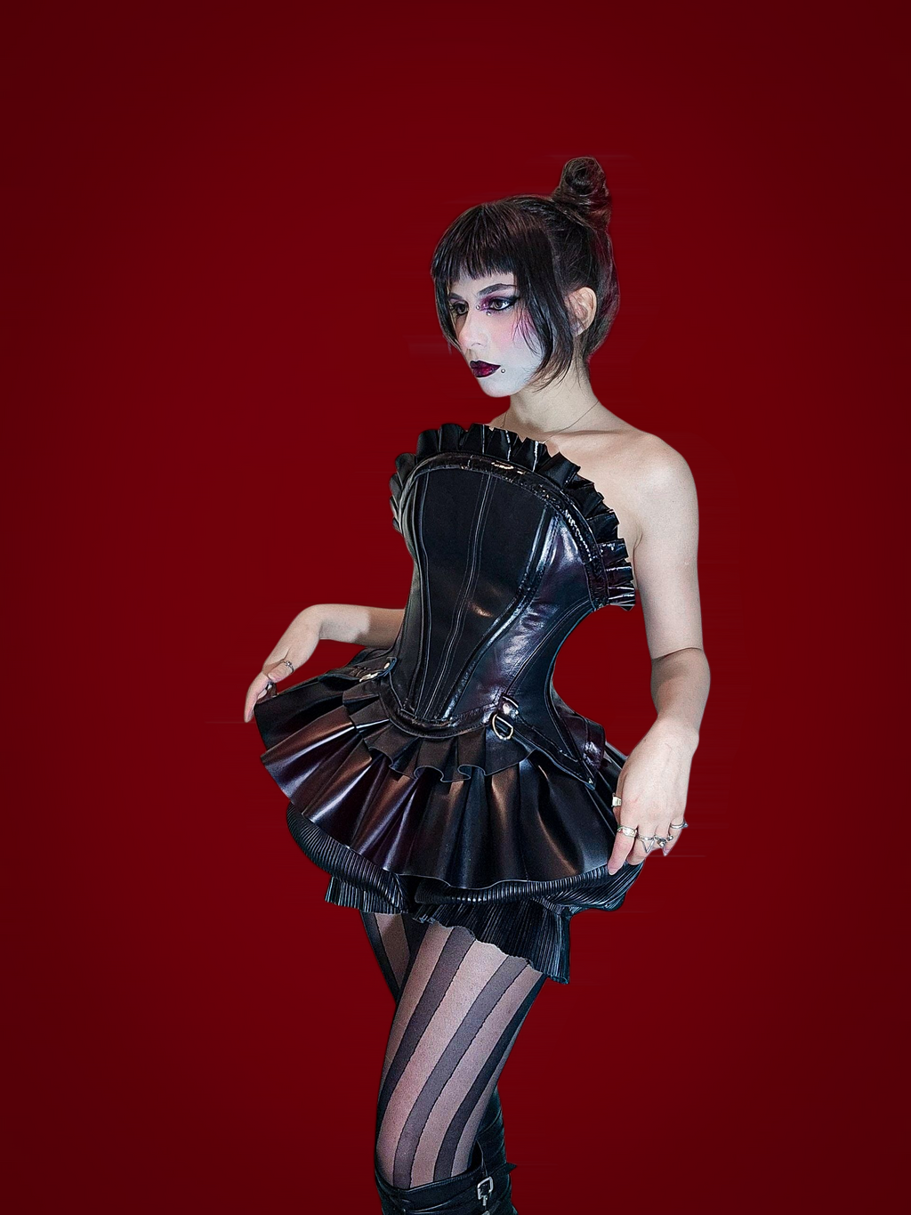 full clown-inspired leather outfit