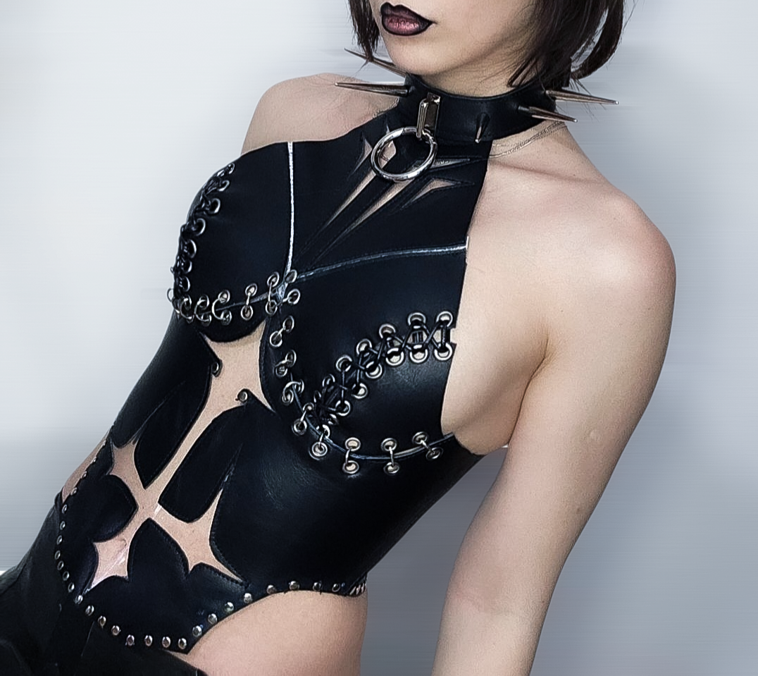 Leather corset top with spikey collar