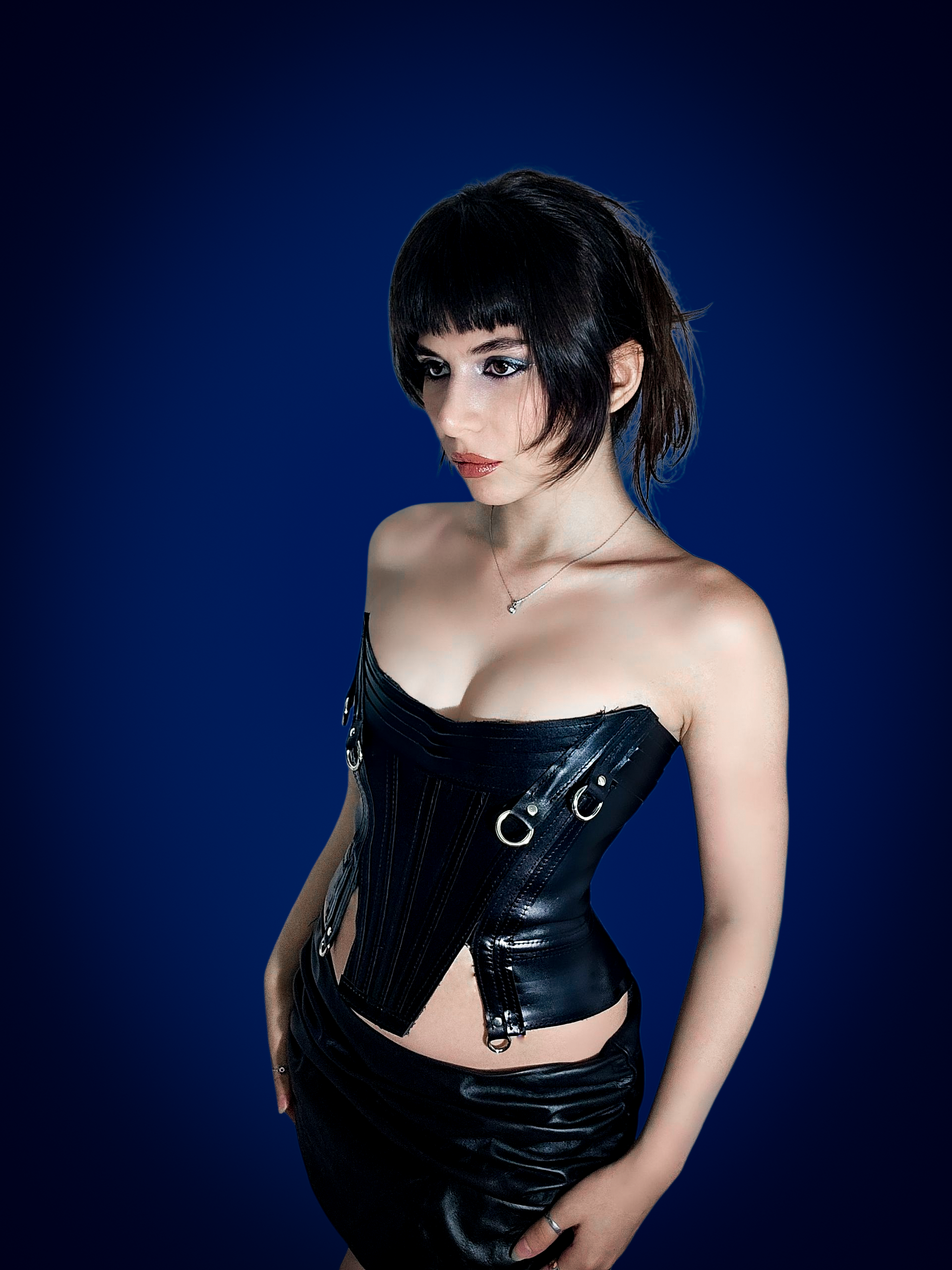 Leather bustier corset  waist cincher with steel boning, created from genuine chrome-coated leather.
Patterned with one of the oldest corset-making techniques.