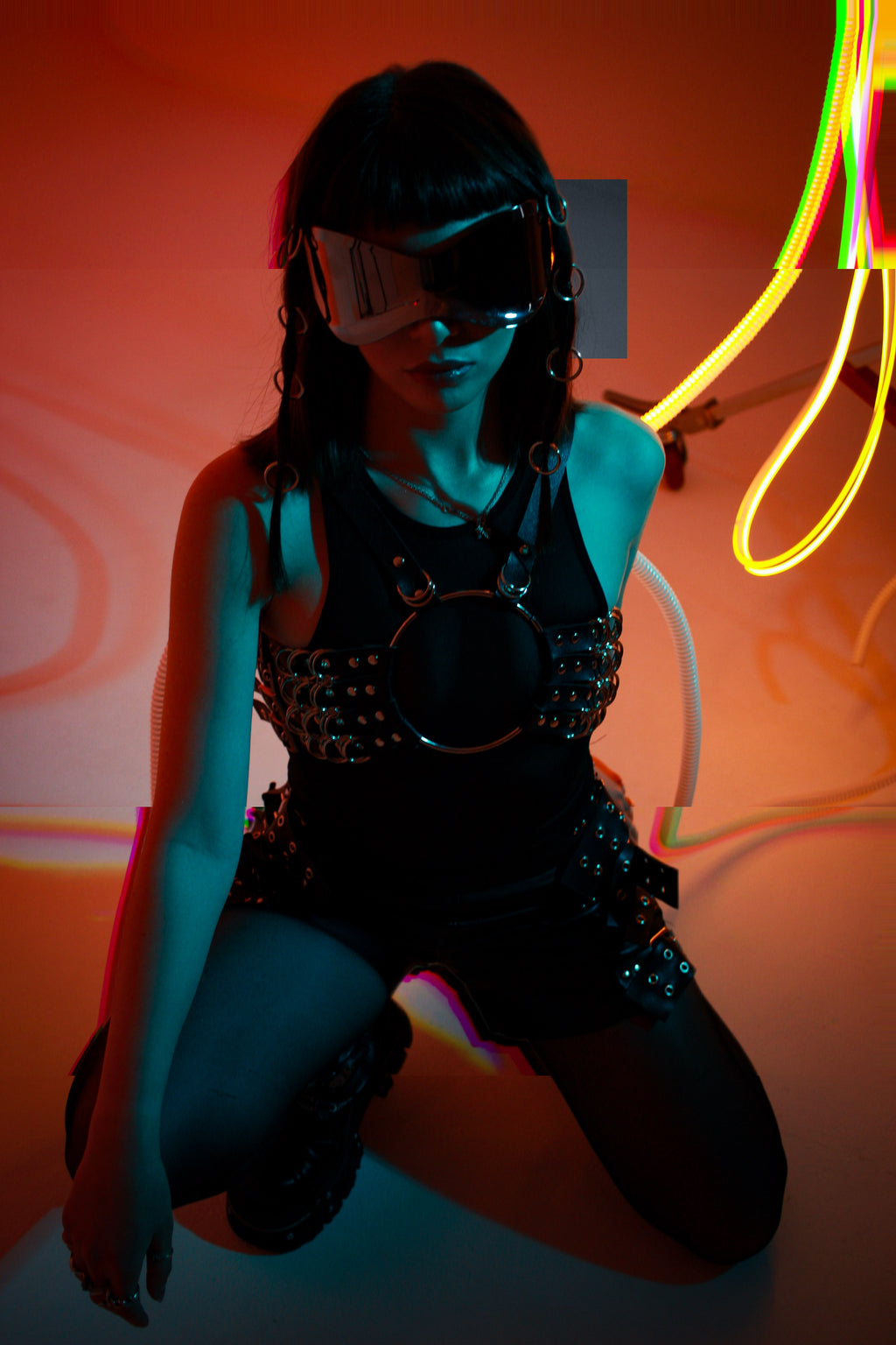 Leather harness top with silver hardware