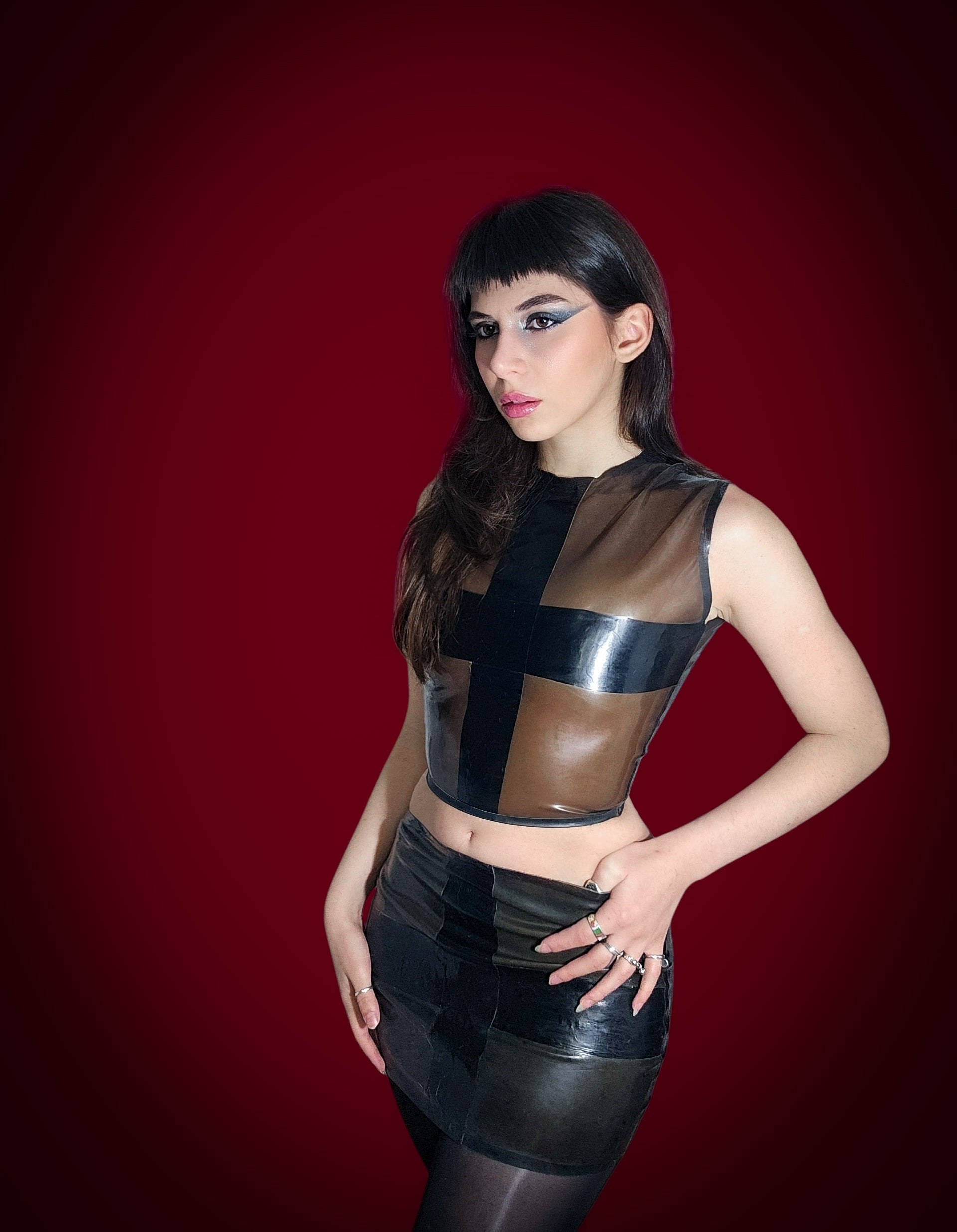Latex set,cross skirt and top